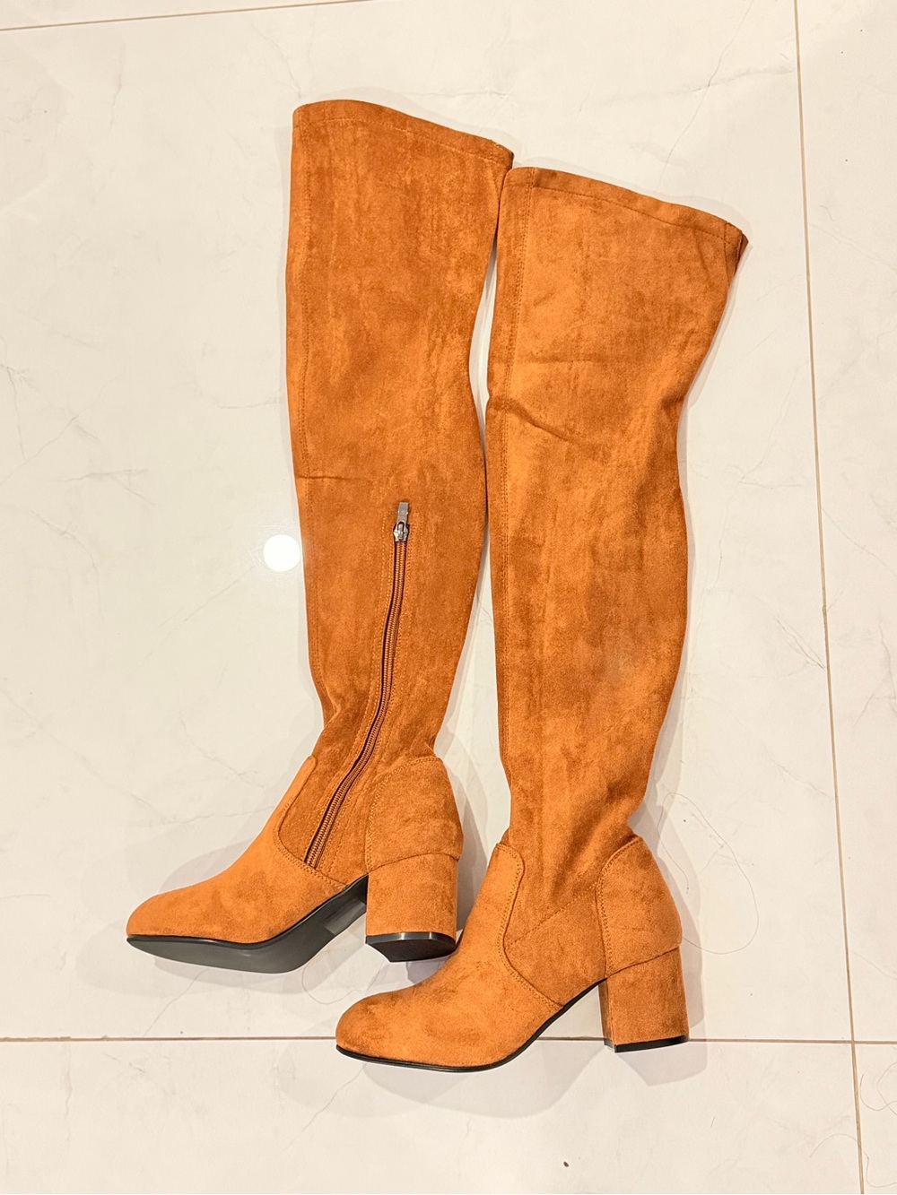 Over-the-Knee Suede Block Heel Boots in Cognac
